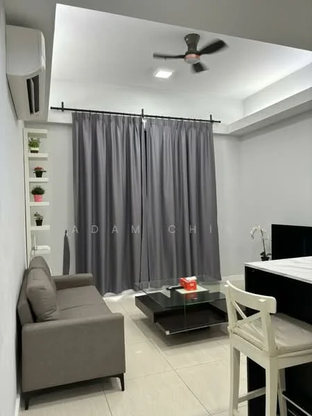 Living features: grey fabric sofa, glass coffee table, white dining table, white dining chairs, 5-blade ceiling fan, wall-mounted air conditioning unit, grey curtains, white painted walls, tile flooring, shelves with potted plants; style: modern.