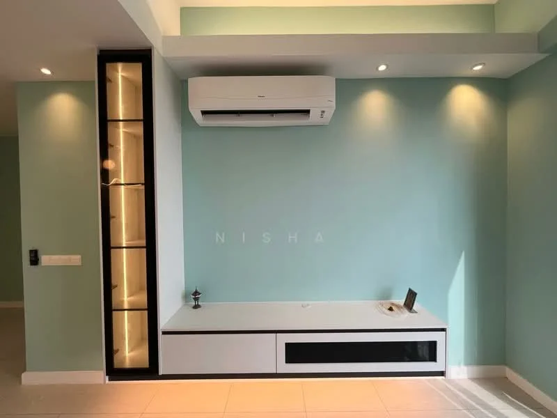 Living features: light blue painted walls, white ceiling, wall-mounted split AC, built-in TV console with white cabinetry, black accent panel, glass display shelves, recessed downlights, tile flooring; style: modern.