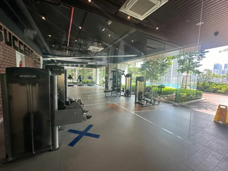 Room features: gym equipment, treadmill, weight machines, mirrored wall, large windows, natural light, rubber flooring, ceiling lights, air conditioning unit, greenery visible outside; style: modern; view: city.