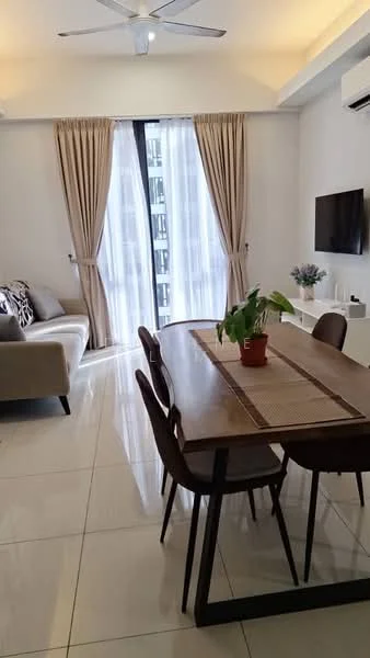 Living features: 3-seater fabric sofa in light grey, wooden dining table, 4 dining chairs, floor-to-ceiling windows, sheer curtains, recessed downlights, wall-mounted TV, decorative plant on table, ceramic tile flooring, air conditioning unit, decorative vase, wall art, light-colored walls, wooden table runner; style: modern; view: city.