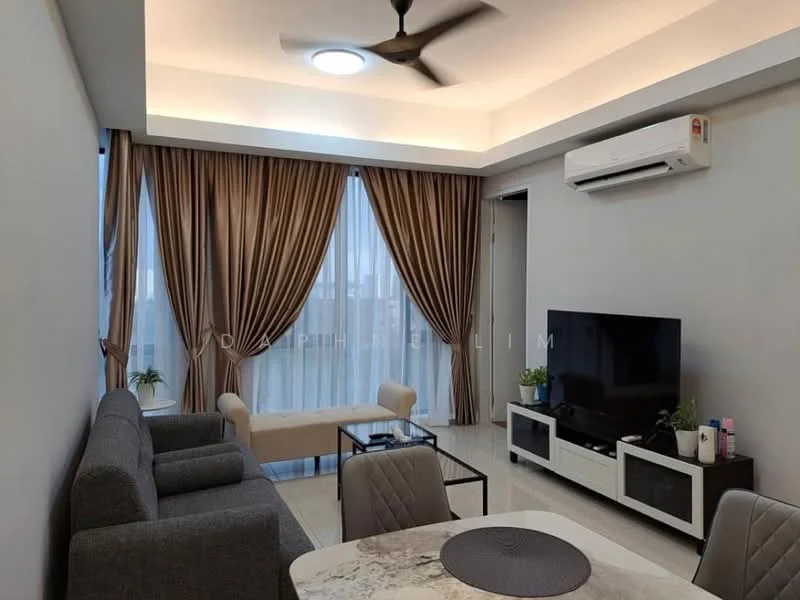 Living features: grey fabric 3-seater sofa, cream armchair, marble-top coffee table, wall-mounted TV, white TV console, recessed ceiling lights, 5-blade ceiling fan with light, floor-to-ceiling windows with sheer curtains, grey painted walls, light-coloured flooring, indoor plants; style: modern; view: city.