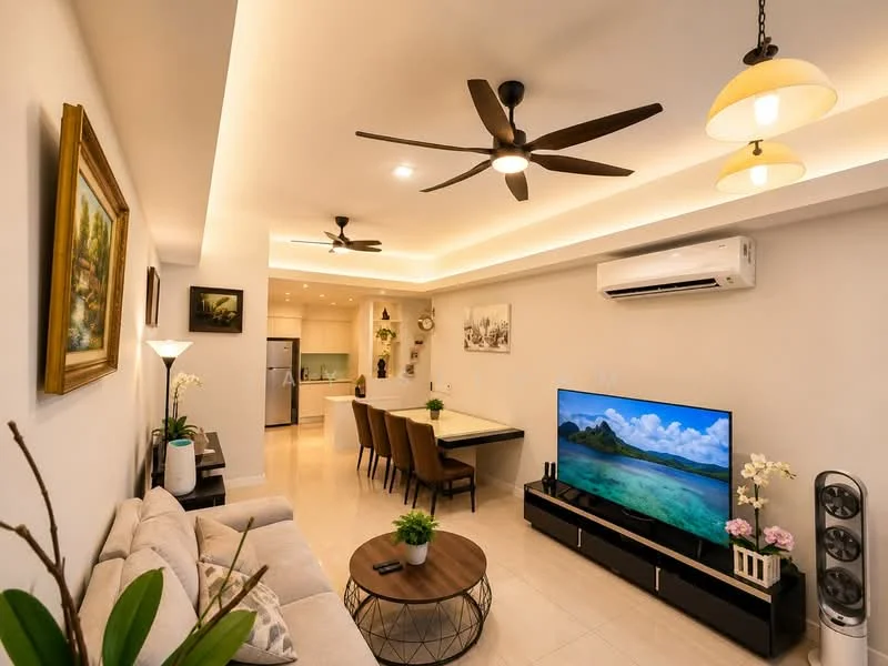 Living features: 3-seater fabric sofa in beige, round coffee table with wooden top, wall-mounted TV, TV console, decorative plant on coffee table, framed artwork on wall, 2-blade ceiling fan, recessed downlights, air conditioning unit, light fixture with pendant lamp, wooden flooring, open layout to dining area; style: modern. Dining features: 6-seater dining table, upholstered dining chairs, light fixture above dining table, open layout to living area, kitchen visible in background; style: modern.