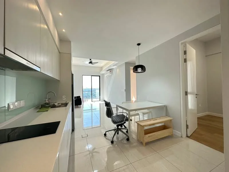 Kitchen features: white cabinetry, black countertop, stainless-steel sink, chrome pull-down faucet, built-in oven, ceramic tile flooring, recessed downlights, open shelving, kitchen island, modern pendant light; style: modern; view: city. Dining features: white dining table, black office chair, wooden bench, floor-to-ceiling windows, natural light; style: modern; view: city.