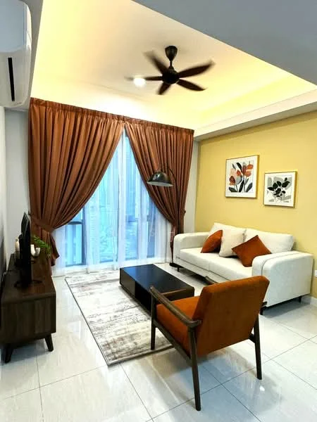 Living features: 3-seater fabric sofa in white, orange accent cushions, wooden coffee table, area rug with geometric pattern, floor lamp with black shade, wall-mounted TV, wooden TV console, 5-blade ceiling fan with light, curtains in brown, sliding glass door, white painted walls, recessed lighting; style: modern; view: garden.