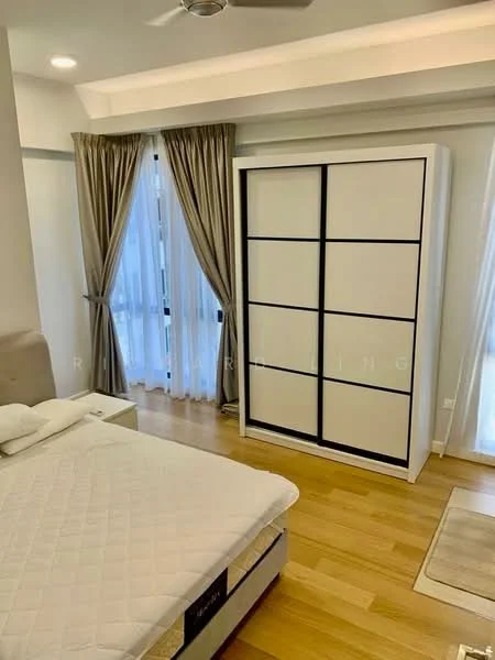 Bedroom features: queen-size bed, upholstered headboard, built-in wardrobe with sliding doors, wooden flooring, floor-to-ceiling windows, sheer curtains, ceiling fan, recessed downlights; style: modern.