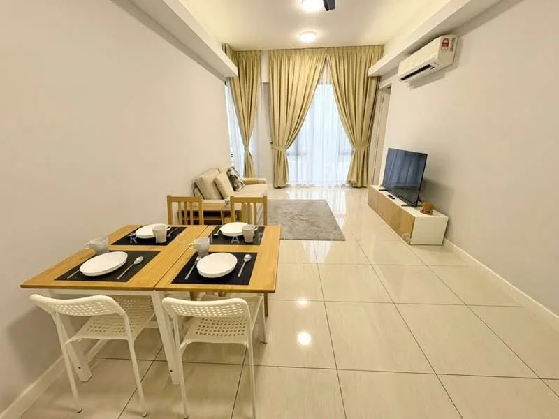 Living features: white painted walls, glossy tile flooring, recessed downlights, 5-blade ceiling fan, floor-to-ceiling windows with sheer curtains, light beige curtains, sofa in light color, TV console in white, wall-mounted TV, dining table with 4 chairs, decorative area rug; style: modern.