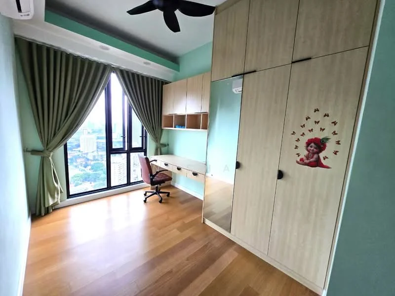 Bedroom features: green painted walls, wooden flooring, floor-to-ceiling windows, black ceiling fan, built-in wardrobe with mirrored doors, study desk with chair, curtains, decorative wall sticker; style: modern; view: city.