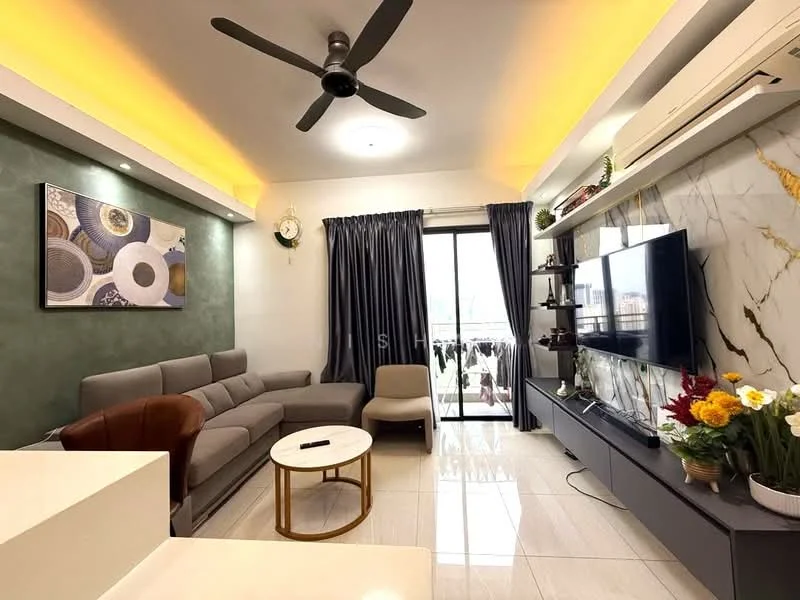 Living features: grey fabric sectional sofa, round coffee table with gold trim, wall-mounted TV, TV console with storage, marble feature wall, green accent wall, recessed ceiling lights, 5-blade ceiling fan, floor-to-ceiling windows with sheer curtains, decorative wall art, potted plants, tile flooring; style: modern; view: city.