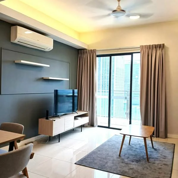 Living features: grey accent wall, white painted walls, marble tile flooring, 5-blade ceiling fan with light, recessed downlights, floor-to-ceiling sliding glass door, curtains, TV console in light wood, wall-mounted TV, coffee table in light wood, area rug, dining table with chairs; style: modern; view: city.