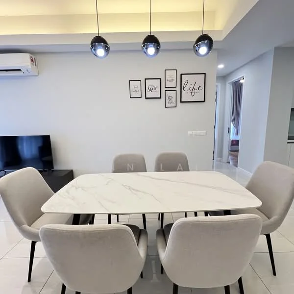 Dining features: 6-seater dining table with marble top, upholstered dining chairs in light grey, recessed ceiling with LED lighting, wall-mounted air conditioning unit, wall art with framed prints, floor-to-ceiling windows, polished ceramic tile flooring, TV console in black, sofa in living area visible in background; style: modern.