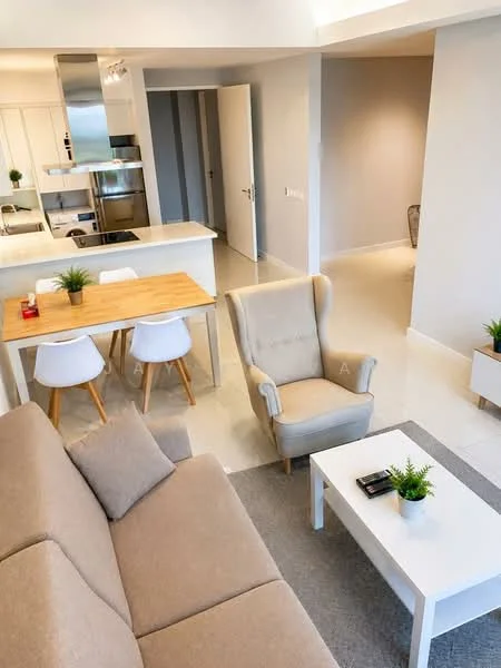 Living features: beige fabric sofa, coffee table, area rug, armchair, decorative plants, white walls, recessed downlights, open-plan layout, tile flooring; style: modern. Dining features: wood dining table, 4 white dining chairs, decorative plants; style: modern. Kitchen features: stainless-steel appliances, white cabinetry, open shelving, tile backsplash; style: modern.