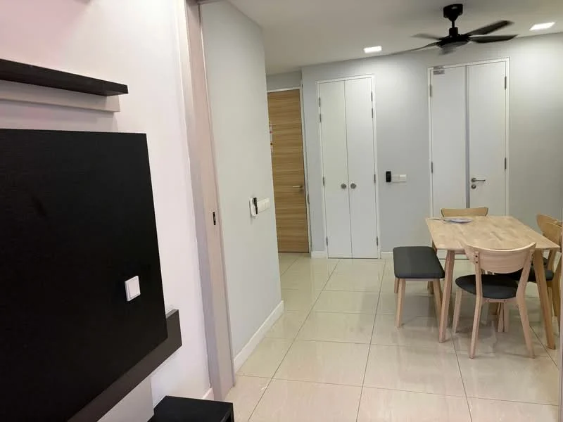 Dining features: light wood dining table, 4 wooden dining chairs, black bench seating, white walls, tile flooring, ceiling fan, wall-mounted black panel, door to hallway, door to another room; style: modern. Room features: white walls, tile flooring, door to hallway, door to another room.