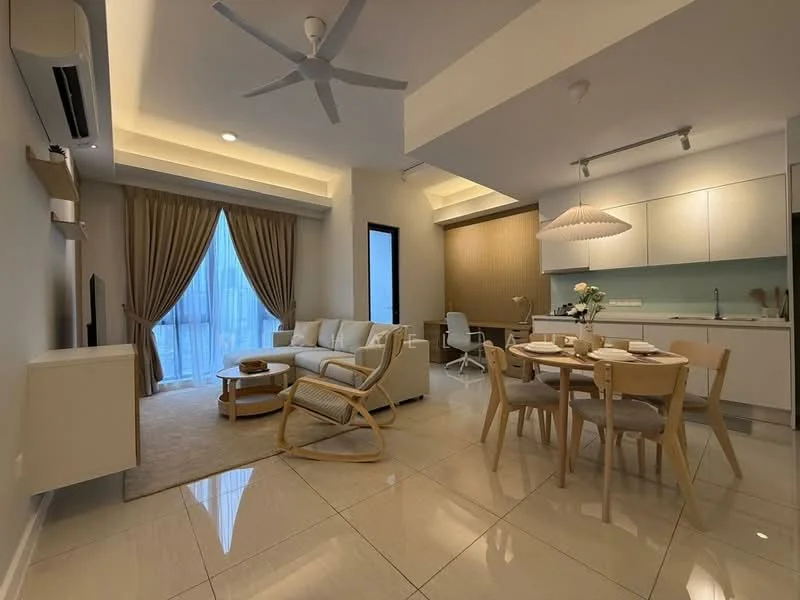Living features: 3-seater fabric sofa in light grey, round coffee table, area rug, wall-mounted TV, ceiling fan with light, floor-to-ceiling windows, curtains, recessed lighting, tile flooring; style: modern; view: city. Kitchen features: white cabinetry, quartz countertop, stainless-steel sink, chrome pull-down faucet, built-in oven, freestanding range oven, microwave, glass backsplash, open shelving; style: modern. Dining features: 4-seater dining table, wooden dining chairs, pendant lamp, decorative vase with flowers; style: modern.