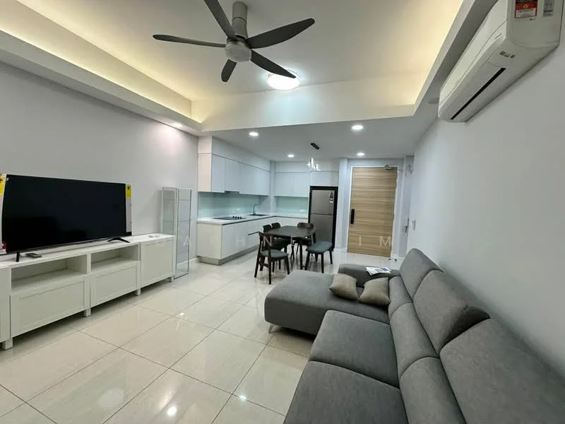 Living features: 5-blade ceiling fan with light, wall-mounted TV, TV console in white, grey fabric L-shape sectional sofa, coffee table, dining table for 4, stainless-steel fridge, white cabinetry, marble tile flooring, recessed downlights, sliding glass door, air conditioning unit; style: modern. Kitchen features: white cabinetry, stainless-steel fridge, built-in oven, 4-burner gas hob, white countertop, tile backsplash; style: modern.