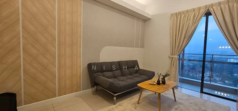 Living features: grey fabric sofa, wooden coffee table, light-coloured wall with vertical paneling, cream curtains, floor-to-ceiling windows, neutral tile flooring, decorative plants on table, soft area rug; style: modern; view: city.
