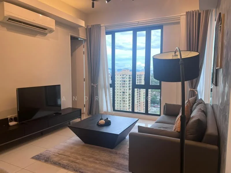 Living features: floor-to-ceiling windows, grey fabric sofa, coffee table, wall-mounted TV, TV console, area rug, air conditioning unit, curtains, decorative wall art, light fixture; style: modern; view: city.