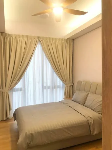 Bedroom features: king-size bed with upholstered headboard, light grey bedding, floor-to-ceiling windows, sheer curtains, beige blackout curtains, 5-blade ceiling fan, wooden flooring, neutral painted walls, decorative wall paneling; style: modern.
