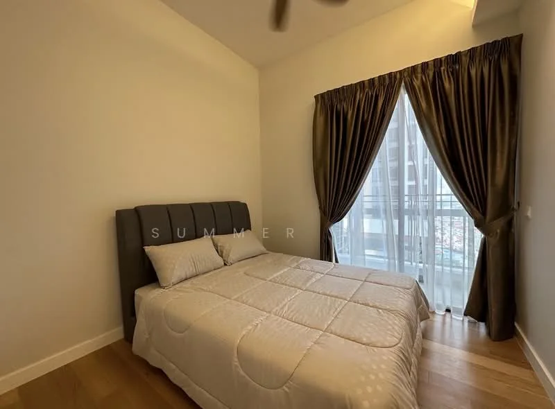 Bedroom features: queen-size bed, upholstered headboard, white bedding, floor-to-ceiling window, sheer curtains, dark brown curtains, wooden flooring, decorative wall, ceiling fan; style: modern; view: city.