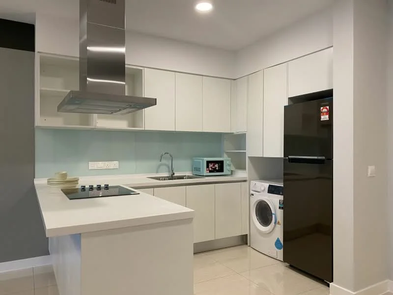 Kitchen features: white cabinetry, stainless-steel range hood, black refrigerator, built-in microwave, single-bowl stainless-steel sink, chrome pull-down faucet, ceramic tile flooring, light green glass backsplash, kitchen island with countertop, front-load washing machine; style: modern.