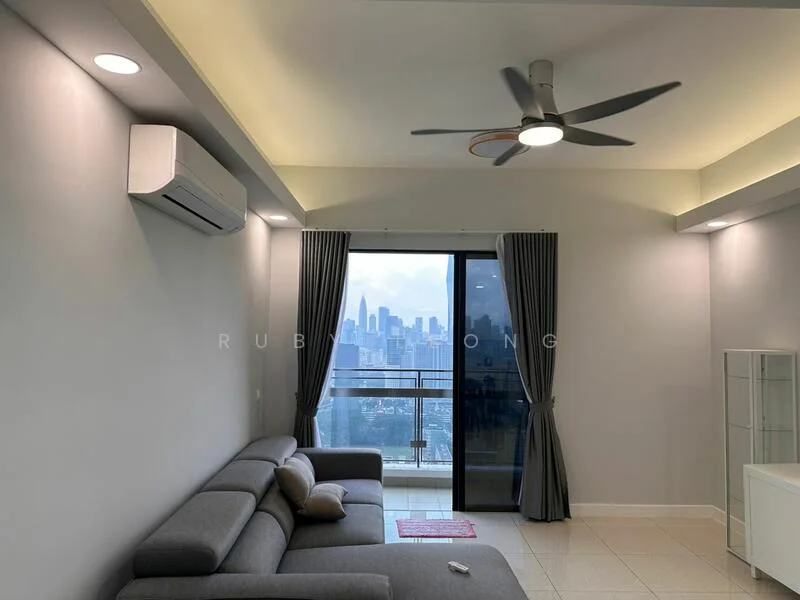 Living features: grey fabric sofa, 5-blade ceiling fan with light, wall-mounted split AC, floor-to-ceiling sliding glass door, sheer curtains, tile flooring, recessed downlights, city skyline view; style: modern; view: city.