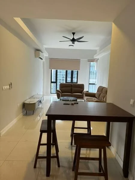 Living features: light grey painted walls, white ceiling with recessed lighting, 5-blade ceiling fan, floor-to-ceiling windows, brown leather sofa, coffee table, TV console, marble tile flooring, air conditioning unit; style: modern; view: city. Dining features: wooden dining table, 2 wooden stools, marble tile flooring; style: modern.