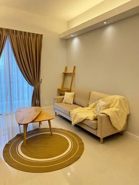 Living features: beige fabric sofa, wooden coffee table, area rug with circular pattern, floor-to-ceiling windows, sheer curtains, cream painted walls, recessed downlights, wooden shelving unit, glossy tile flooring; style: modern.