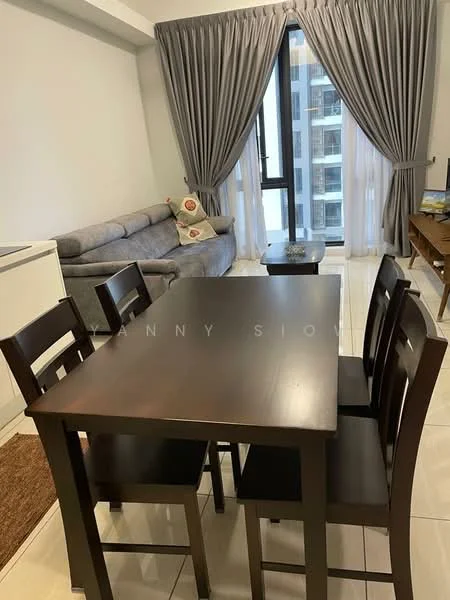 Dining features: dark wood dining table, 4 dining chairs, area rug, floor-to-ceiling windows, sheer curtains, grey fabric sofa, decorative cushions, coffee table, light-colored tiled flooring; style: modern; view: city.