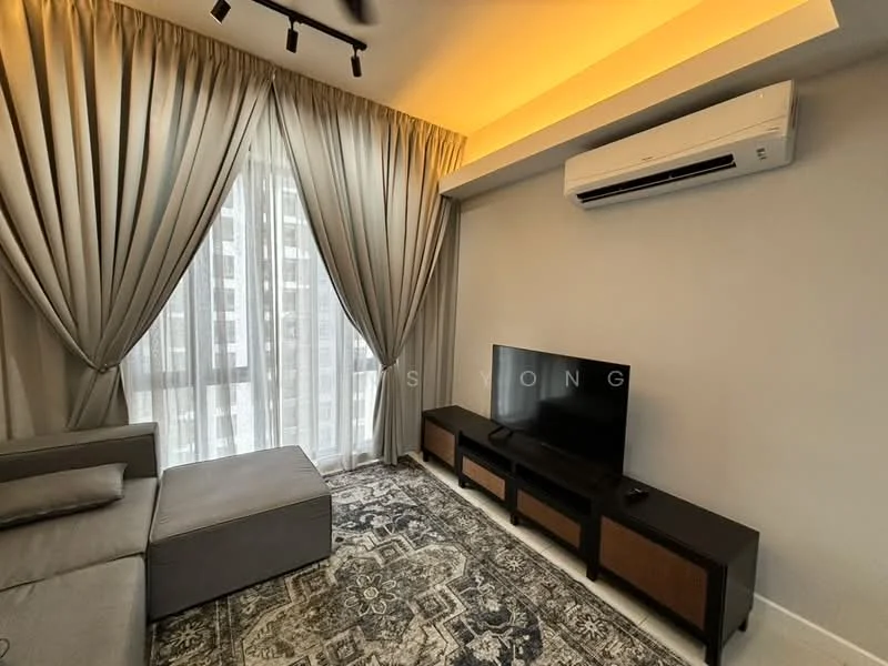 Living features: grey fabric sectional sofa, area rug with intricate pattern, wall-mounted TV, TV console with wooden drawers, floor-to-ceiling windows, sheer curtains, recessed downlights, wall-mounted split AC; style: modern.