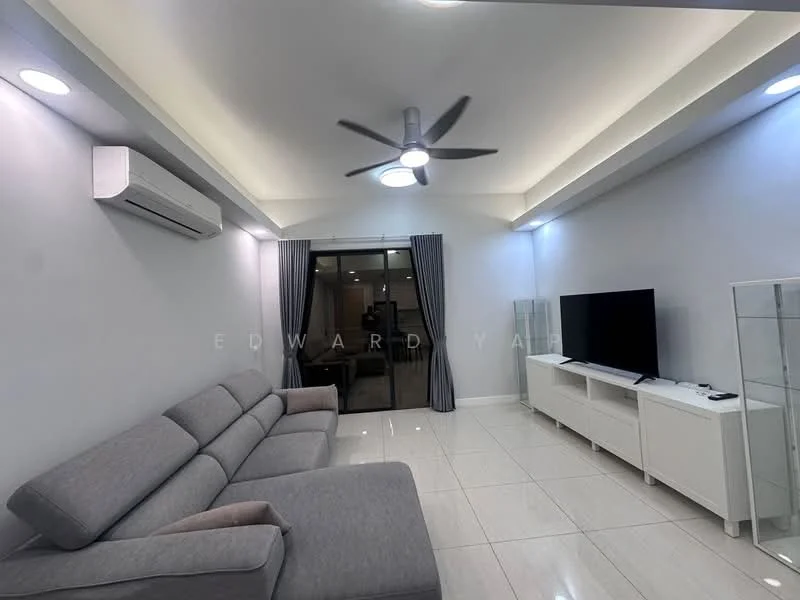 Living features: grey fabric sectional sofa, white TV console, wall-mounted TV, glass display cabinet, recessed downlights, 5-blade ceiling fan with light, split wall-mounted air conditioning unit, large sliding glass door, floor-to-ceiling windows with sheer curtains, white painted walls, glossy tile flooring; style: modern.