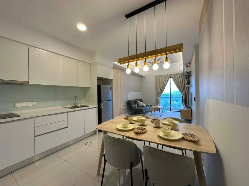 Kitchen features: white cabinetry, light grey backsplash, stainless-steel sink, chrome pull-down faucet, built-in oven, freestanding fridge, 4-burner gas hob, pendant lighting with multiple bulbs, dining table with wooden surface, 4 dining chairs, window with curtain, light-colored flooring; style: modern; view: city.