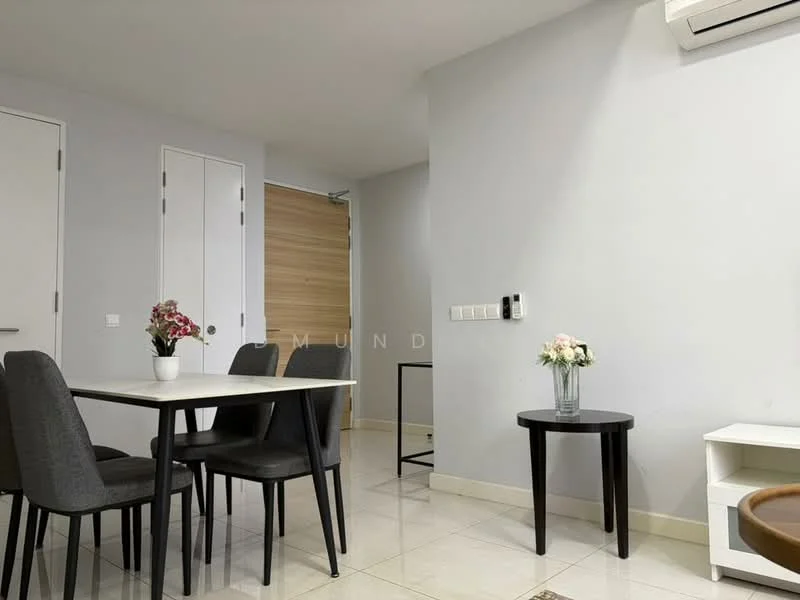 Dining features: 4-seater dining table, grey upholstered dining chairs, white ceramic vase with flowers, wall-mounted intercom panel, light-colored walls, glossy tile flooring, air conditioning unit, decorative side table; style: modern. Room features: wooden door, white painted walls, light switch.