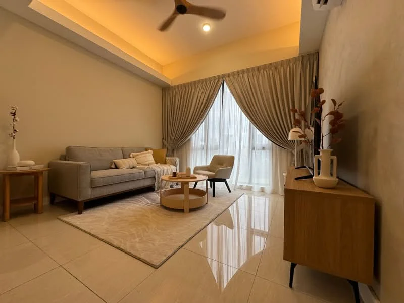 Living features: grey fabric 3-seater sofa, light beige area rug, round wooden coffee table, wooden side table, decorative vase with flowers, wall-mounted TV console, cream curtains, floor-to-ceiling windows, recessed ceiling lights, 5-blade ceiling fan, neutral painted walls, polished ceramic tile flooring; style: modern.