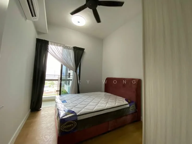 Bedroom features: queen-size bed with red upholstered headboard, white mattress, floor-to-ceiling window with sheer curtains, blackout curtains, wooden flooring, 1 wall-mounted split AC, ceiling fan, light fixture, neutral painted walls; style: modern; view: garden.