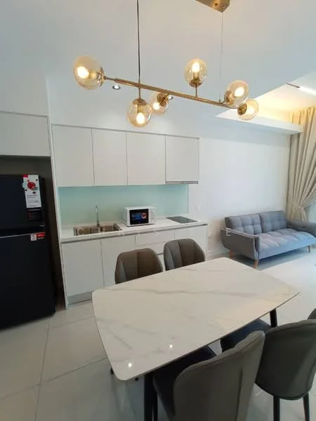 Kitchen features: white cabinetry, marble dining table, 4 dining chairs, stainless-steel sink, chrome faucet, built-in microwave, refrigerator, grey sofa, pendant lighting, white tiled flooring, light green backsplash, open shelving; style: modern.