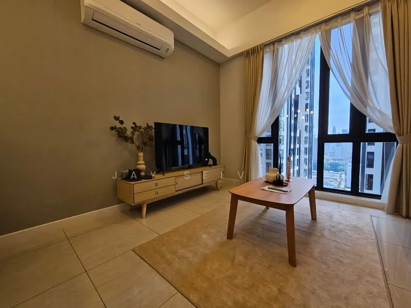 Living features: floor-to-ceiling windows, sheer curtains, light grey painted walls, cream tiled flooring, 3-blade ceiling fan, wall-mounted TV, wooden TV console, coffee table, area rug with neutral color, decorative plant in vase, air conditioning unit; style: modern; view: city.