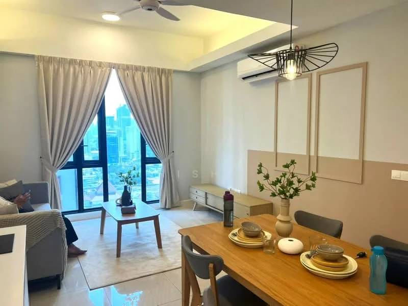 Living features: floor-to-ceiling windows, city view, 3-seater fabric sofa in grey, coffee table, area rug, ceiling fan with light, wall-mounted split AC, decorative mirror, light-colored walls, dining table with 4 chairs, decorative vase with flowers, wooden sideboard; style: modern; view: city.
