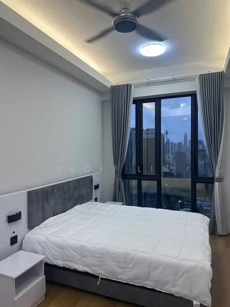 Bedroom features: king-size bed, upholstered headboard, white bedding, floor-to-ceiling windows, grey curtains, wooden flooring, ceiling fan with light, recessed ceiling lights, nightstand with wall-mounted lights, city skyline view; style: modern; view: city.