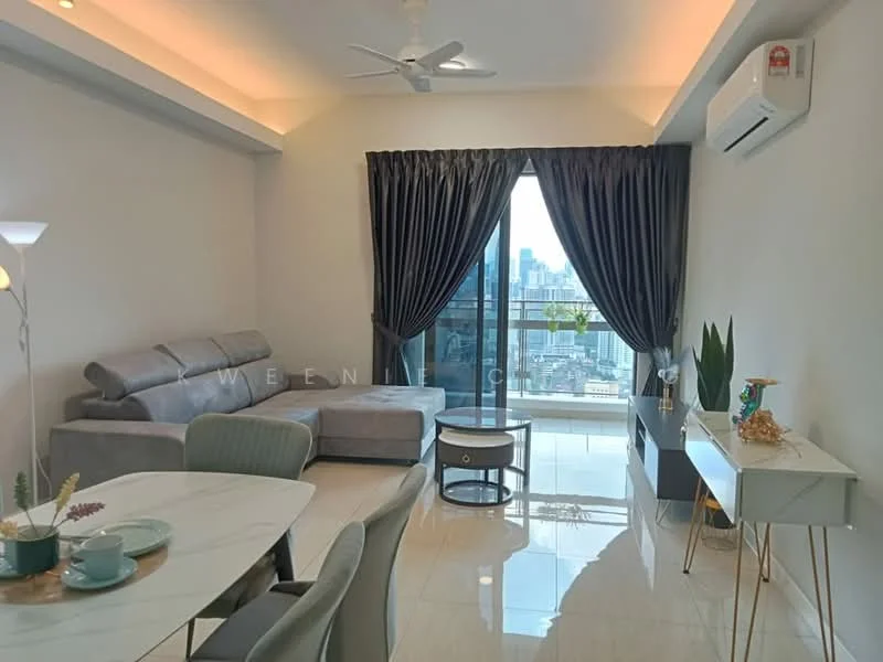 Living features: 3-seater fabric sofa in grey, floor-to-ceiling windows, curtains in dark grey, white walls, recessed downlights, ceiling fan, marble tile flooring, coffee table, decorative plant, side table, wall-mounted air conditioning unit, decorative artwork; style: modern; view: city. Dining features: round dining table, 4 upholstered dining chairs in light blue, white marble tabletop, decorative vase, tableware; style: modern; view: city.