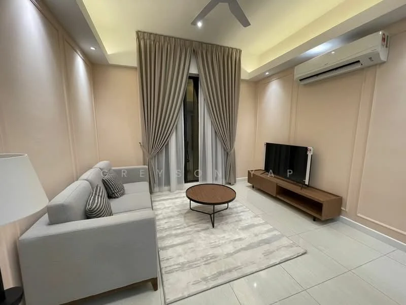 Living features: light grey fabric sofa, round wooden coffee table, area rug with geometric pattern, wall-mounted TV, wooden TV console, floor-to-ceiling curtains, recessed ceiling lights, ceiling fan, white painted walls, tile flooring; style: modern.