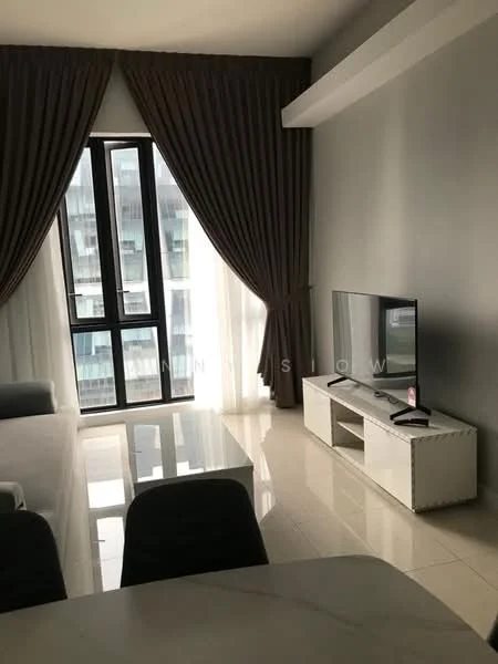 Living features: floor-to-ceiling windows, dark brown curtains, white TV console, wall-mounted TV, light-colored coffee table, polished tile flooring, grey accent wall, sofa, natural light from windows; style: modern; view: city.