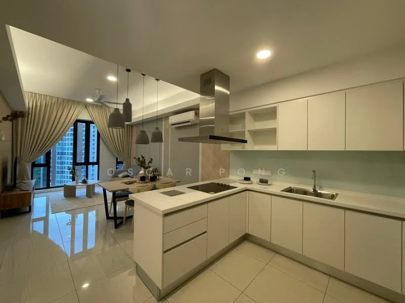 Kitchen features: white cabinetry, marble countertop, stainless-steel sink, chrome pull-down faucet, built-in oven, 4-burner gas hob, exhaust hood, recessed downlights, ceramic tile flooring, floor-to-ceiling windows, dining table with chairs, pendant lighting, open shelving; style: modern; view: city.