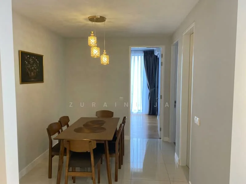 Dining features: wooden dining table, 4 wooden dining chairs, 3 pendant lights, white painted walls, glossy tile flooring, curtains, doorway leading to another room, wall artwork; style: modern.