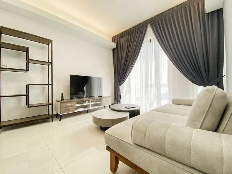 Living features: light grey fabric sectional sofa, round coffee table, black TV console, wall-mounted flat-screen TV, floor-to-ceiling windows, sheer curtains, dark grey drapes, glossy tile flooring, decorative shelving unit, recessed ceiling lights; style: modern.