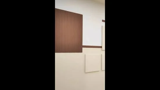 Room features: painted walls in cream, accent wall in brown with vertical grooves, decorative panels in various shapes, horizontal brown stripe on wall; style: modern.