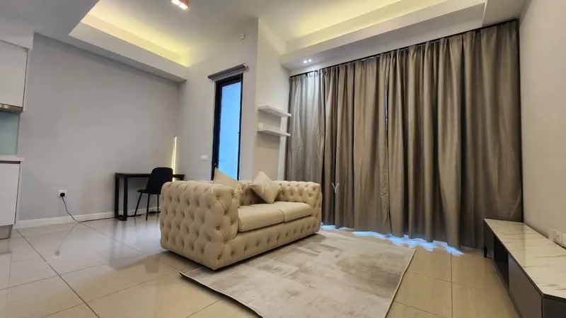 Living features: cream tufted fabric sofa, area rug with geometric pattern, floor-to-ceiling windows, sheer curtains, wall-mounted shelf, recessed ceiling lights, light grey painted walls, glossy tile flooring, black study desk, black chair; style: modern.