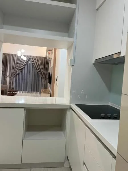 Kitchen features: white cabinetry, white countertop, built-in cooktop, open shelving, recessed lighting, grey accent wall, tile flooring, modern faucet; style: modern. Room features: curtains, dining area visible, sofa visible.
