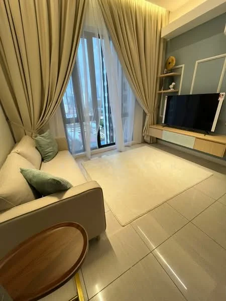 Living features: beige fabric sofa, light-colored area rug, floor-to-ceiling windows, sheer curtains, wooden side table, wall-mounted TV, light wood TV console, decorative wall paneling, recessed lighting, green accent pillows; style: modern; view: city.