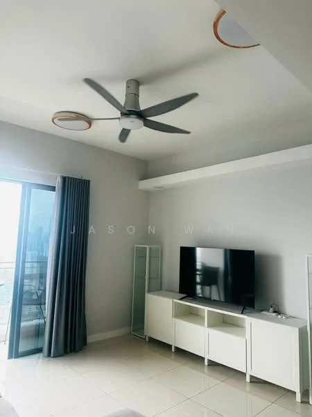 Living features: 5-blade ceiling fan with integrated LED light, floor-to-ceiling sliding glass door, grey curtains, white TV console, wall-mounted TV, white shelving unit, cream tiled flooring, neutral painted walls; style: modern; view: city.