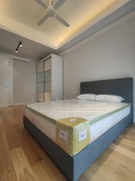 Bedroom features: king-size bed, upholstered headboard, wooden flooring, ceiling fan, built-in wardrobe with glass doors, neutral wall color, recessed ceiling lighting, window with natural light; style: modern.