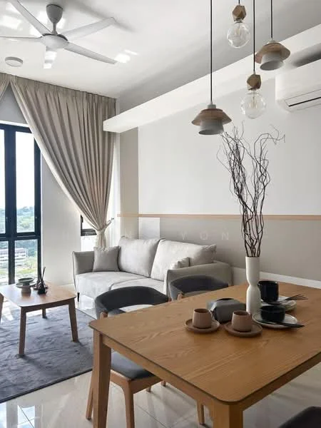 Living features: 3-seater fabric sofa in light grey, wooden coffee table, area rug with geometric pattern, pendant lights with glass shades, 5-blade ceiling fan with light, floor-to-ceiling windows, curtains in light beige, wall-mounted air conditioning unit, decorative branches in a vase; style: modern; view: city. Dining features: wooden dining table, 4 upholstered dining chairs in grey, ceramic plates, coffee mugs, cutlery, decorative centerpiece; style: modern; view: city.